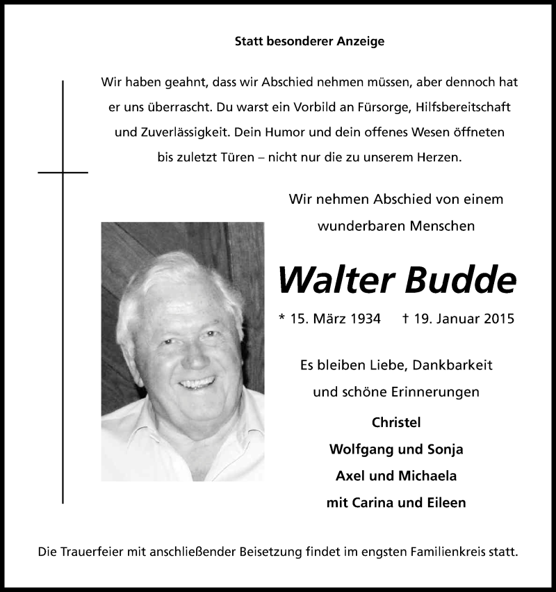  Traueranzeige für Walter Budde vom 28.01.2015 aus Kölner Stadt-Anzeiger / Kölnische Rundschau / Express