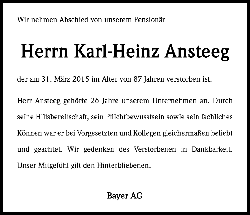  Traueranzeige für Karl-Heinz Ansteeg vom 11.04.2015 aus Kölner Stadt-Anzeiger / Kölnische Rundschau / Express