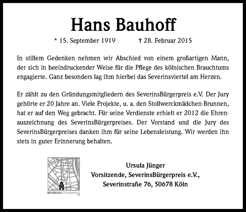  Traueranzeige für Hans Bauhoff vom 07.03.2015 aus Kölner Stadt-Anzeiger / Kölnische Rundschau / Express