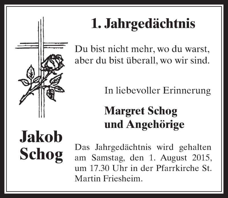 Traueranzeige für Jakob Schog vom 22.07.2015 aus  Werbepost 