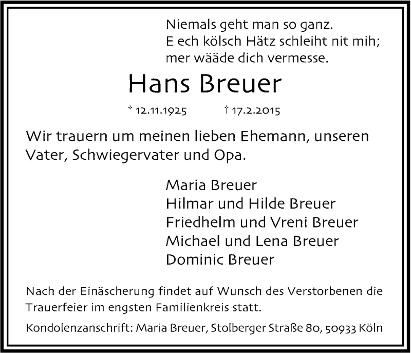  Traueranzeige für Hans Breuer vom 28.02.2015 aus Kölner Stadt-Anzeiger / Kölnische Rundschau / Express