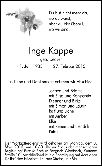Anzeige von Inge Kappe von Kölner Stadt-Anzeiger / Kölnische Rundschau / Express
