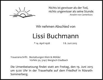 Anzeige von Lissi Buchmann von Kölner Stadt-Anzeiger / Kölnische Rundschau / Express