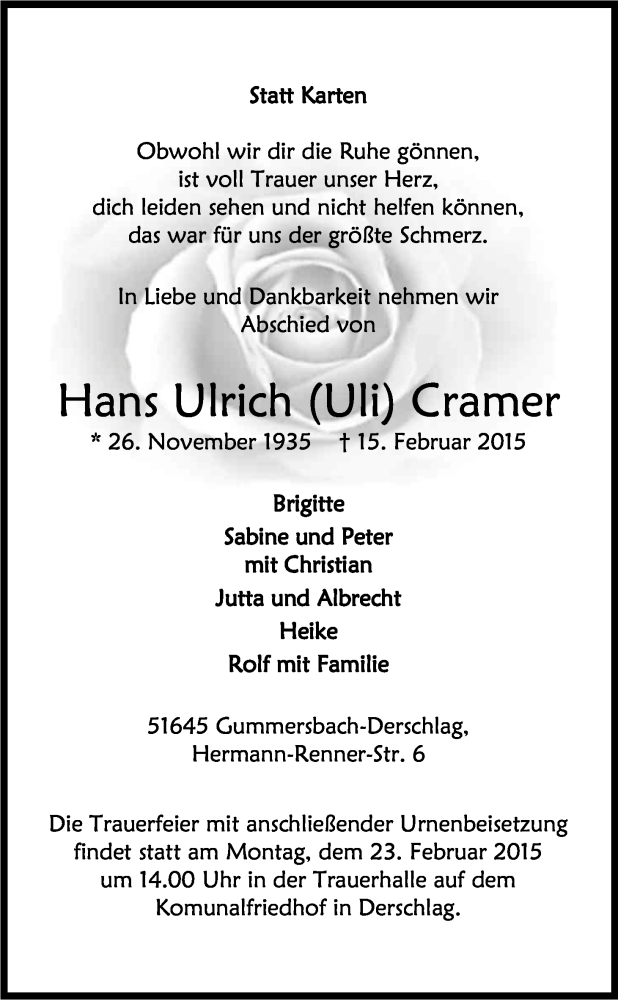  Traueranzeige für Hans Ulrich Cramer vom 18.02.2015 aus Kölner Stadt-Anzeiger / Kölnische Rundschau / Express