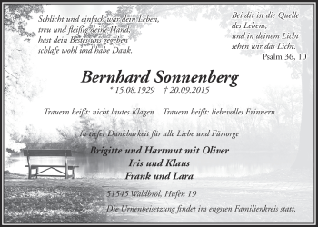 Anzeige von Bernhard Sonnenberg von  Lokalanzeiger 