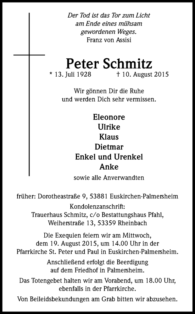  Traueranzeige für Peter Schmitz vom 15.08.2015 aus Kölner Stadt-Anzeiger / Kölnische Rundschau / Express
