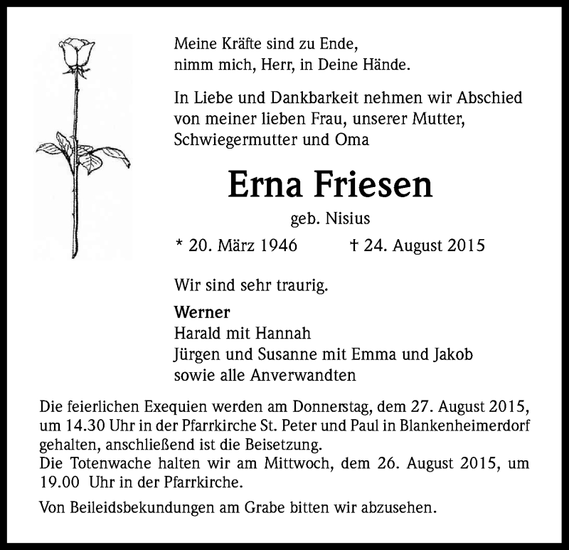  Traueranzeige für Erna Friesen vom 26.08.2015 aus Kölner Stadt-Anzeiger / Kölnische Rundschau / Express