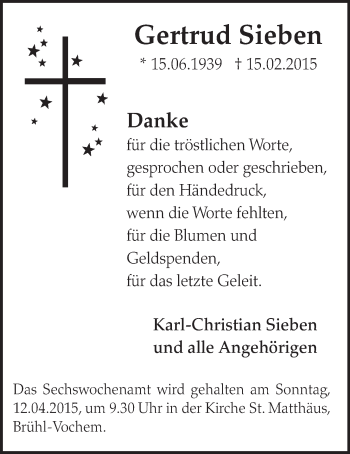 Anzeige von Gertrud Sieben von  Schlossbote/Werbekurier 