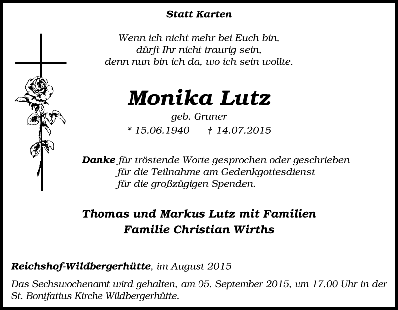  Traueranzeige für Monika Lutz vom 29.08.2015 aus Kölner Stadt-Anzeiger / Kölnische Rundschau / Express