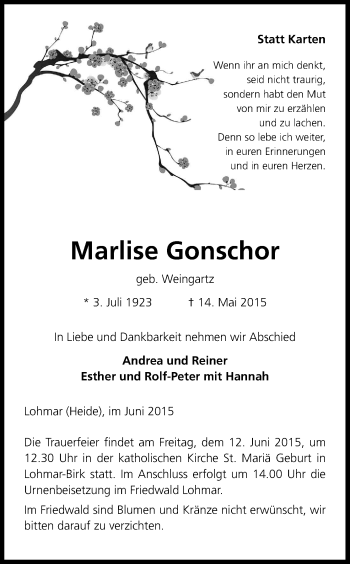 Anzeige von Marlise Gonschor von Kölner Stadt-Anzeiger / Kölnische Rundschau / Express