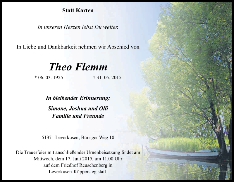  Traueranzeige für Theo Flemm vom 13.06.2015 aus Kölner Stadt-Anzeiger / Kölnische Rundschau / Express
