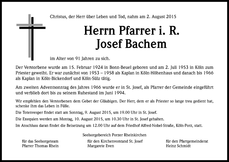  Traueranzeige für Josef Bachem vom 06.08.2015 aus Kölner Stadt-Anzeiger / Kölnische Rundschau / Express