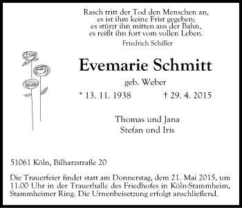 Anzeige von Evemarie Schmitt von Kölner Stadt-Anzeiger / Kölnische Rundschau / Express