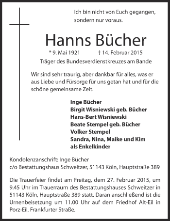 Anzeige von Hanns Bücher von  Kölner Wochenspiegel 