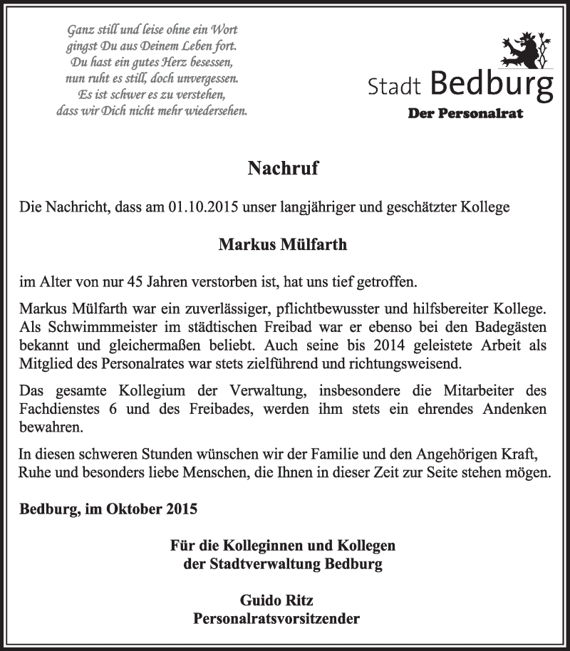  Traueranzeige für Markus Mülfarth vom 10.10.2015 aus  Sonntags-Post 