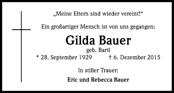 Anzeige von Gilda Bauer von Kölner Stadt-Anzeiger / Kölnische Rundschau / Express