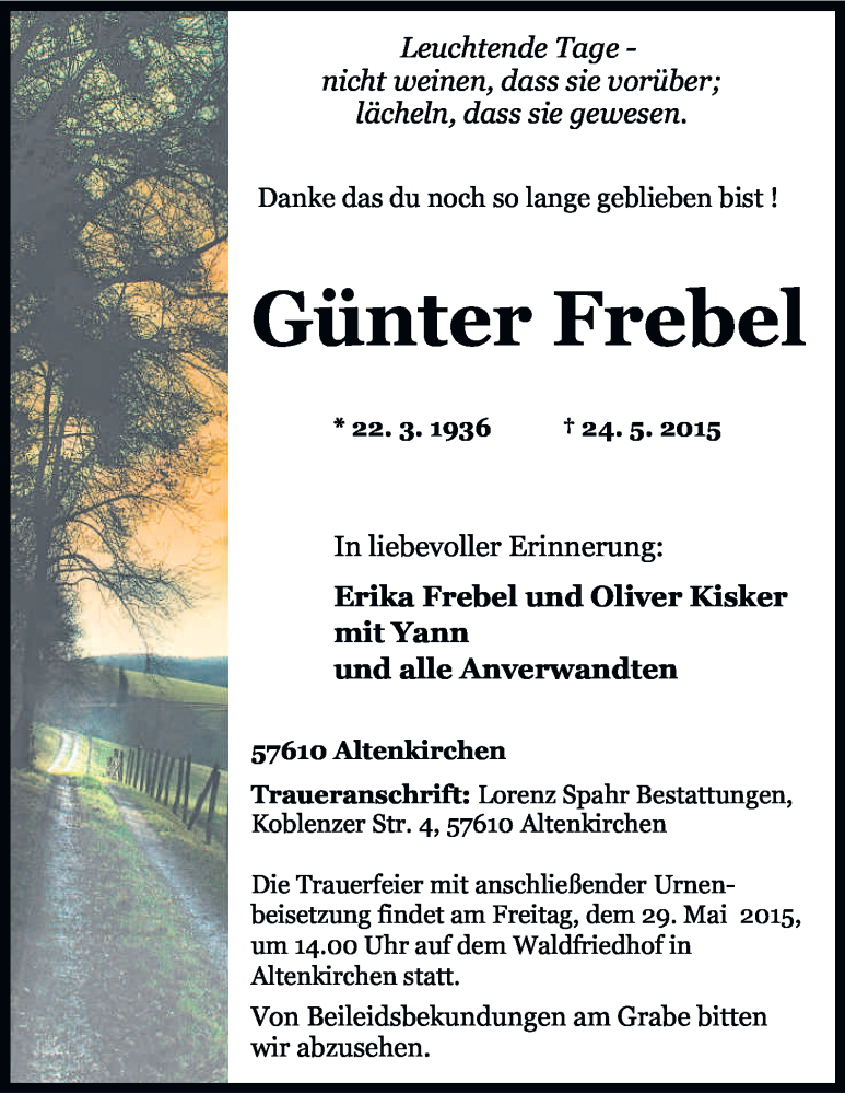  Traueranzeige für Günter Frebel vom 28.05.2015 aus Kölner Stadt-Anzeiger / Kölnische Rundschau / Express