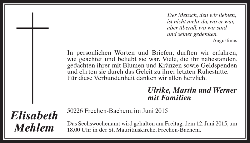  Traueranzeige für Elisabeth Mehlem vom 10.06.2015 aus  Wochenende 