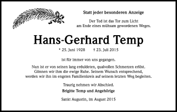 Anzeige von Hans-Gerhard Temp von Kölner Stadt-Anzeiger / Kölnische Rundschau / Express