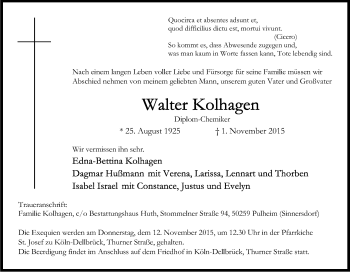 Anzeige von Walter Kolhagen von Kölner Stadt-Anzeiger / Kölnische Rundschau / Express