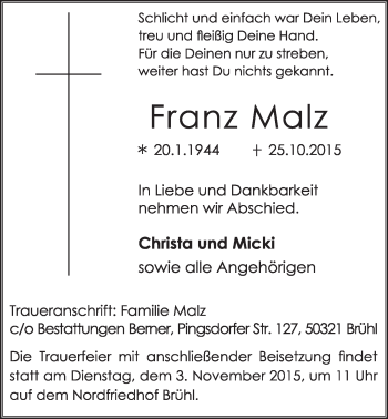 Anzeige von Franz Malz von  Schlossbote/Werbekurier 