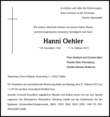 Anzeige von Hanni Oehler von Kölner Stadt-Anzeiger / Kölnische Rundschau / Express