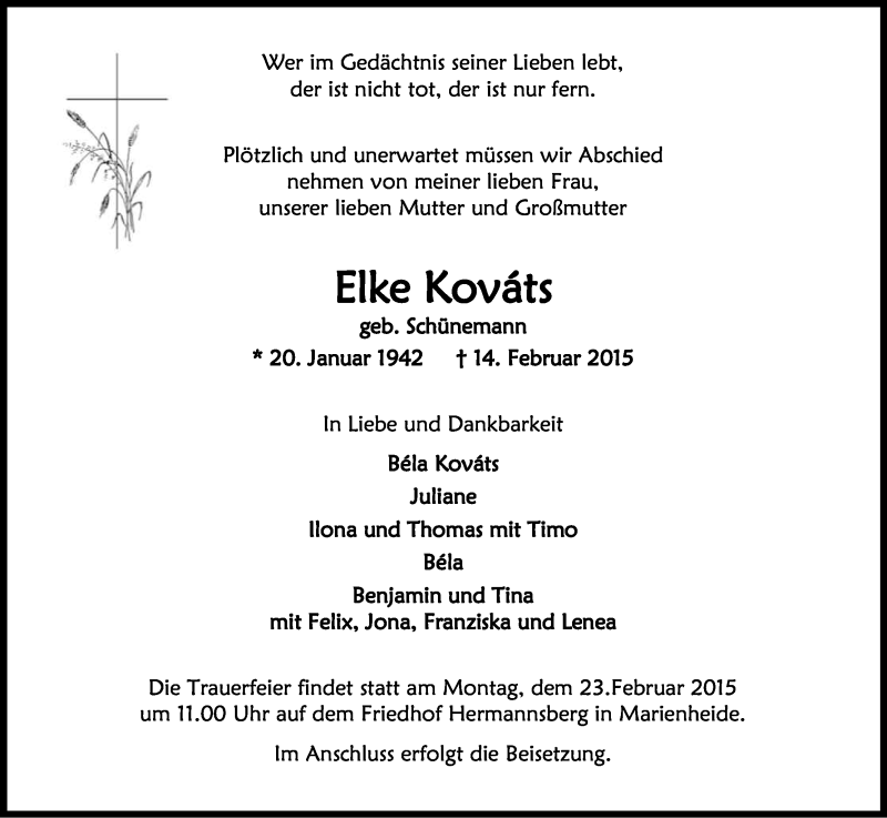  Traueranzeige für Elke Kováts vom 19.02.2015 aus Kölner Stadt-Anzeiger / Kölnische Rundschau / Express