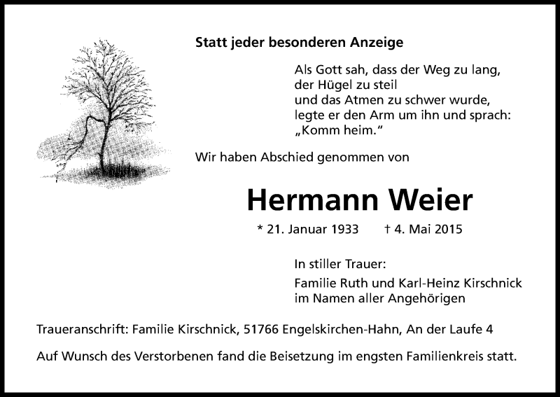  Traueranzeige für Hermann Weier vom 23.05.2015 aus Kölner Stadt-Anzeiger / Kölnische Rundschau / Express