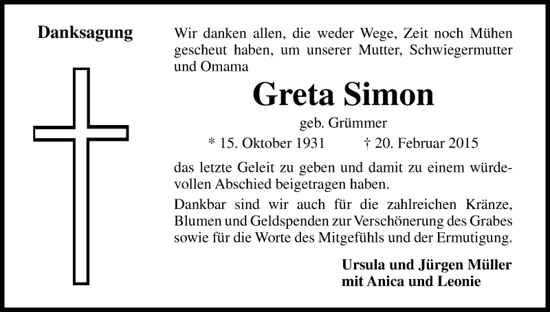  Traueranzeige für Greta Simon vom 04.04.2015 aus Kölner Stadt-Anzeiger / Kölnische Rundschau / Express