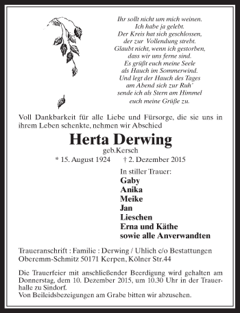 Anzeige von Herta Derwing von  Werbepost 