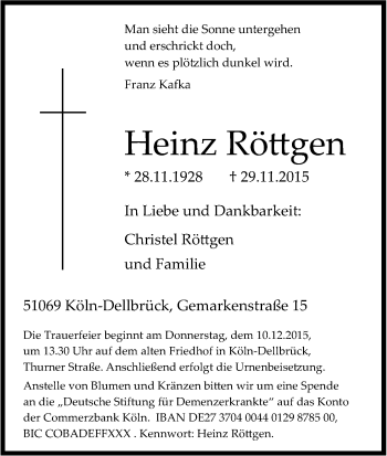 Anzeige von Heinz Röttgen von Kölner Stadt-Anzeiger / Kölnische Rundschau / Express