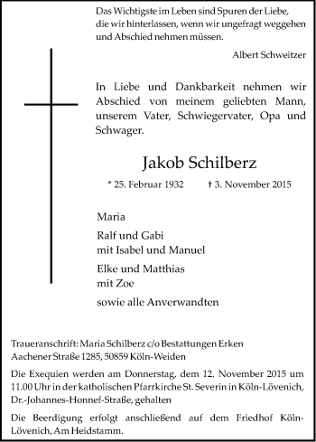 Anzeige von Jakob Schilberz von Kölner Stadt-Anzeiger / Kölnische Rundschau / Express
