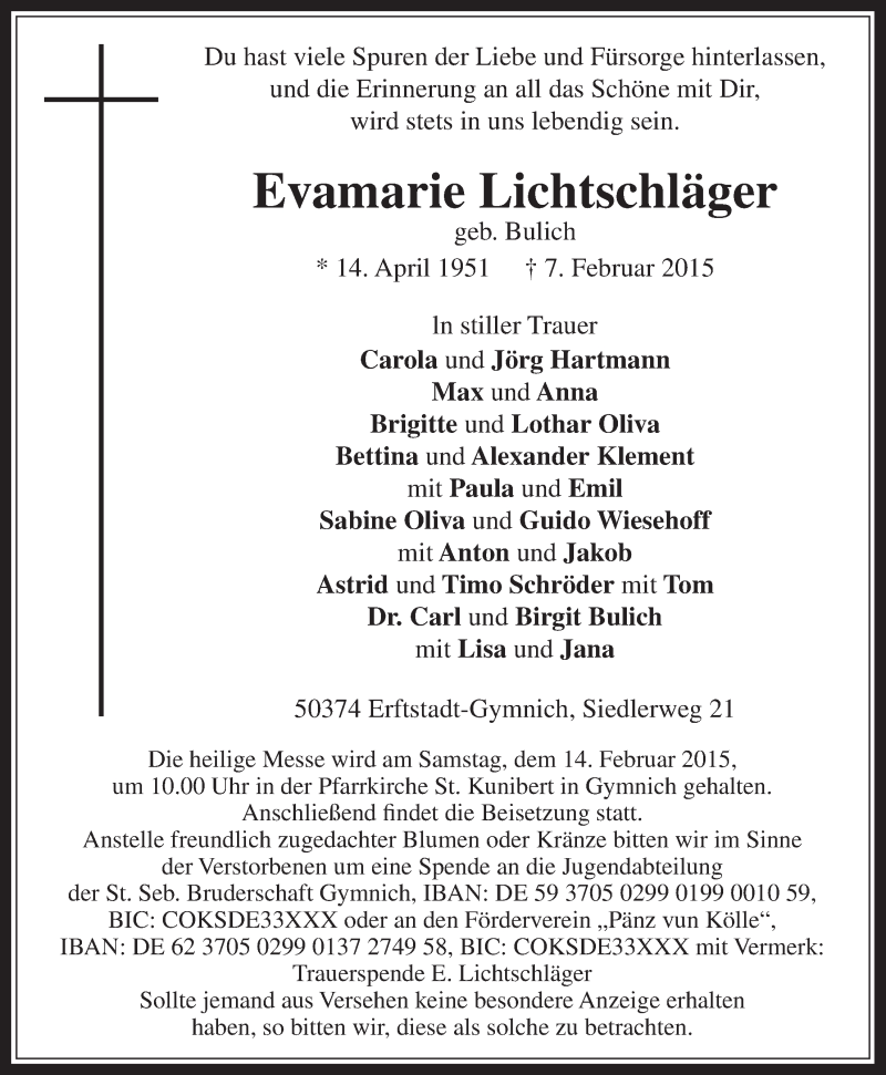  Traueranzeige für Evamarie Lichtschläger vom 11.02.2015 aus  Werbepost 