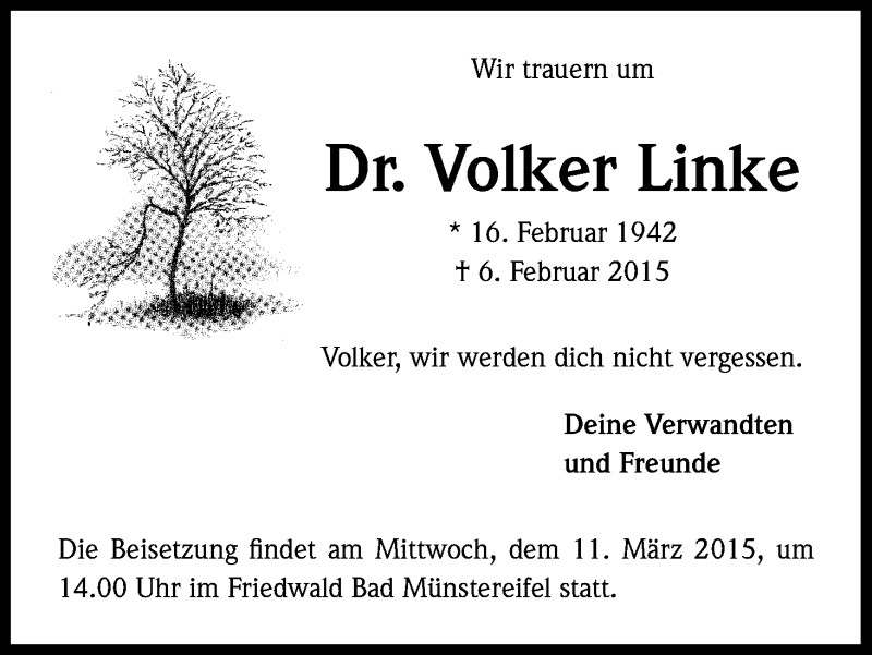  Traueranzeige für Volker Linke vom 02.03.2015 aus Kölner Stadt-Anzeiger / Kölnische Rundschau / Express