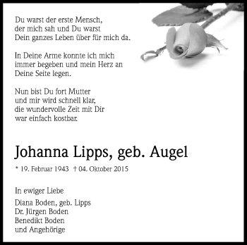 Anzeige von Johanna Lipps von Kölner Stadt-Anzeiger / Kölnische Rundschau / Express