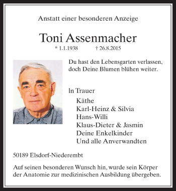 Anzeige von Toni Assenmacher von  Werbepost 