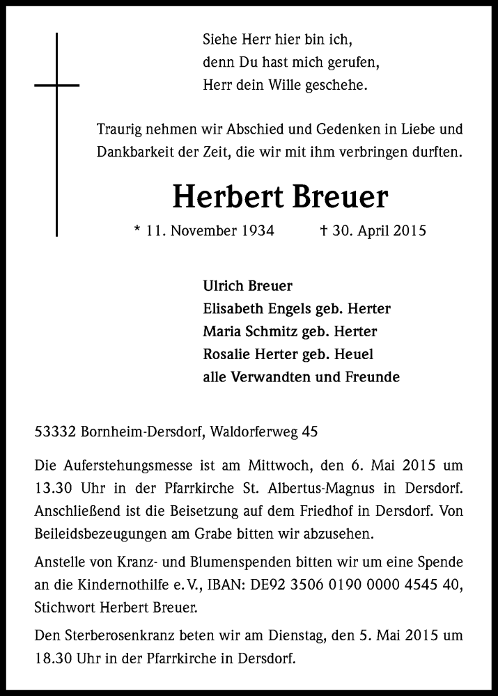  Traueranzeige für Herbert Breuer vom 04.05.2015 aus Kölner Stadt-Anzeiger / Kölnische Rundschau / Express