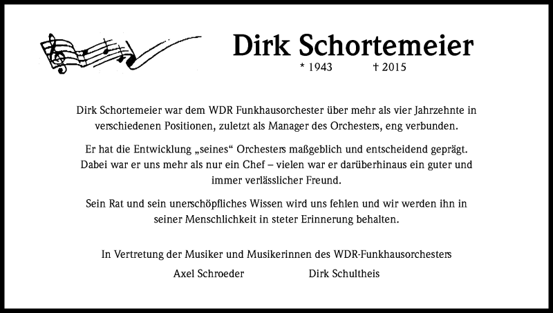  Traueranzeige für Dirk Schortemeier vom 29.08.2015 aus Kölner Stadt-Anzeiger / Kölnische Rundschau / Express