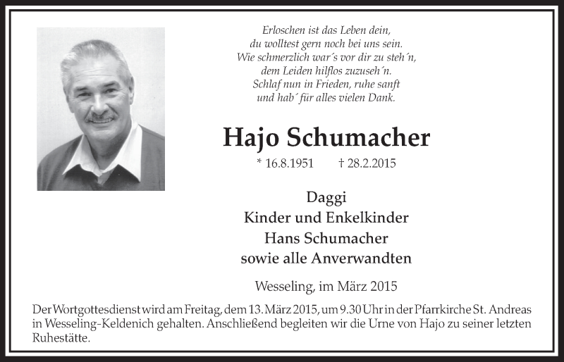  Traueranzeige für Hajo Schumacher vom 11.03.2015 aus  Schlossbote/Werbekurier 