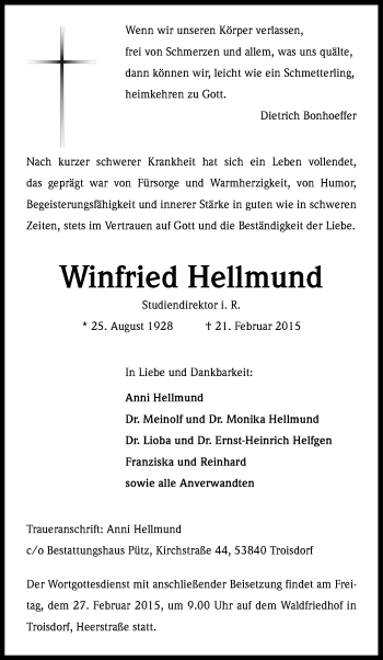 Anzeige von Winfried Hellmund von Kölner Stadt-Anzeiger / Kölnische Rundschau / Express
