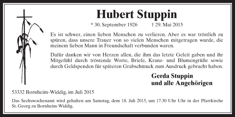  Traueranzeige für Hubert Stuppin vom 08.07.2015 aus  Schaufenster/Blickpunkt  Schlossbote/Werbekurier 