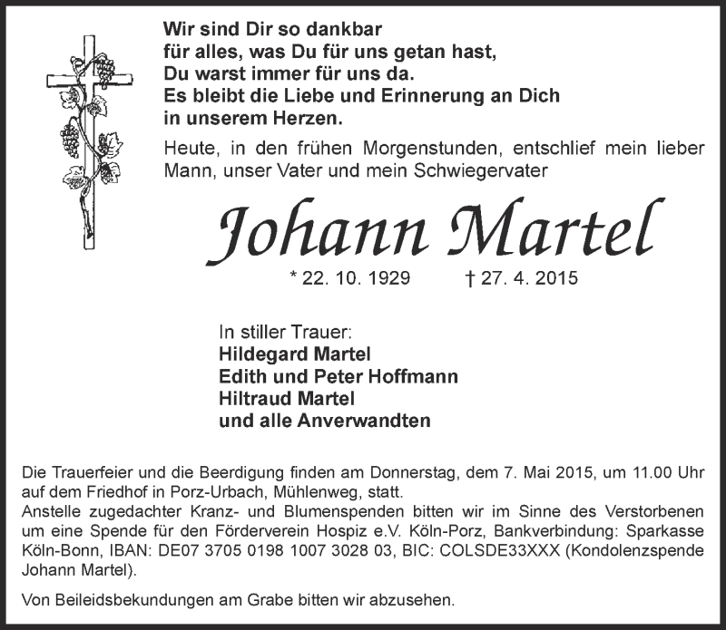  Traueranzeige für Johann Martel vom 06.05.2015 aus  Kölner Wochenspiegel 
