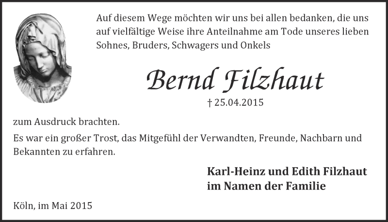  Traueranzeige für Bernd Filzhaut vom 13.05.2015 aus  Kölner Wochenspiegel 