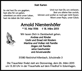 Anzeige von Arnold Nierstenhöfer von Kölner Stadt-Anzeiger / Kölnische Rundschau / Express