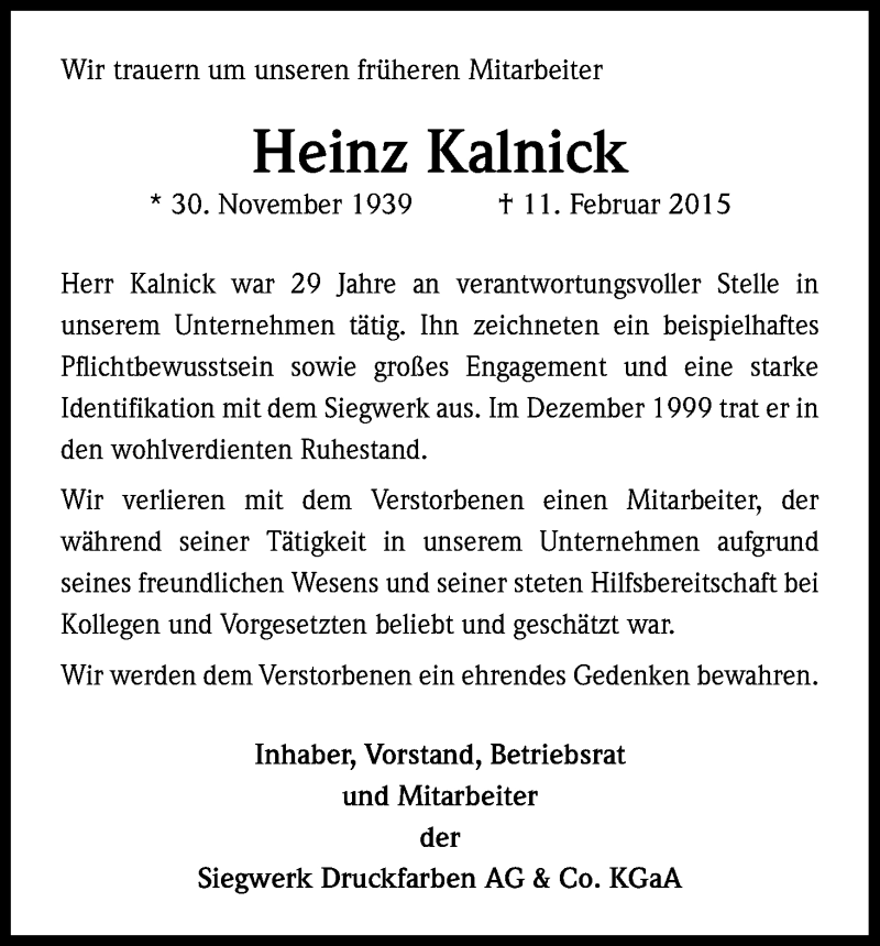  Traueranzeige für Heinz Kalnick vom 19.02.2015 aus Kölner Stadt-Anzeiger / Kölnische Rundschau / Express