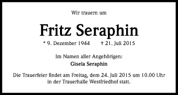 Anzeige von Fritz Seraphin von Kölner Stadt-Anzeiger / Kölnische Rundschau / Express