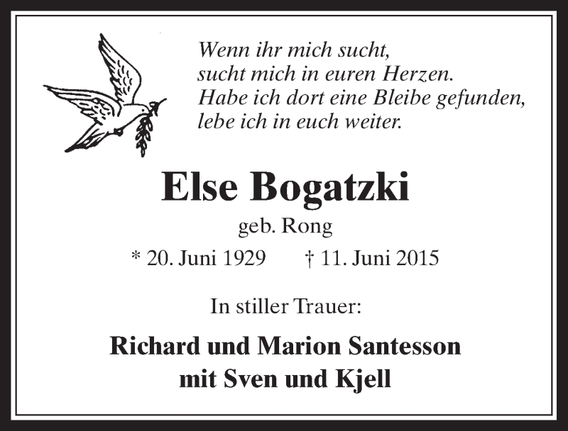  Traueranzeige für Else Bogatzki vom 24.06.2015 aus  Wochenende 