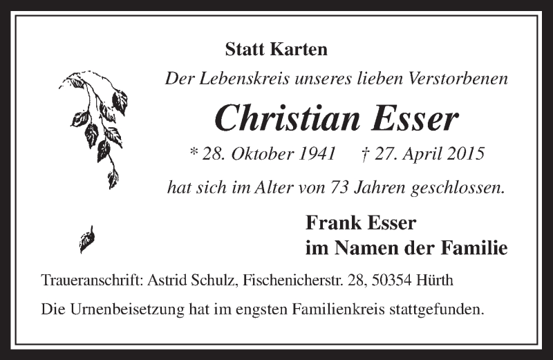  Traueranzeige für Christian Esser vom 06.05.2015 aus  Wochenende 