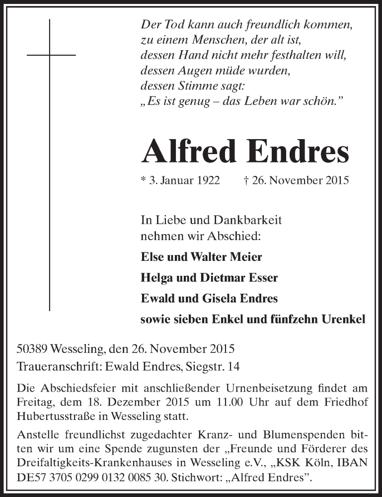  Traueranzeige für Alfred Endres vom 16.12.2015 aus  Schlossbote/Werbekurier 
