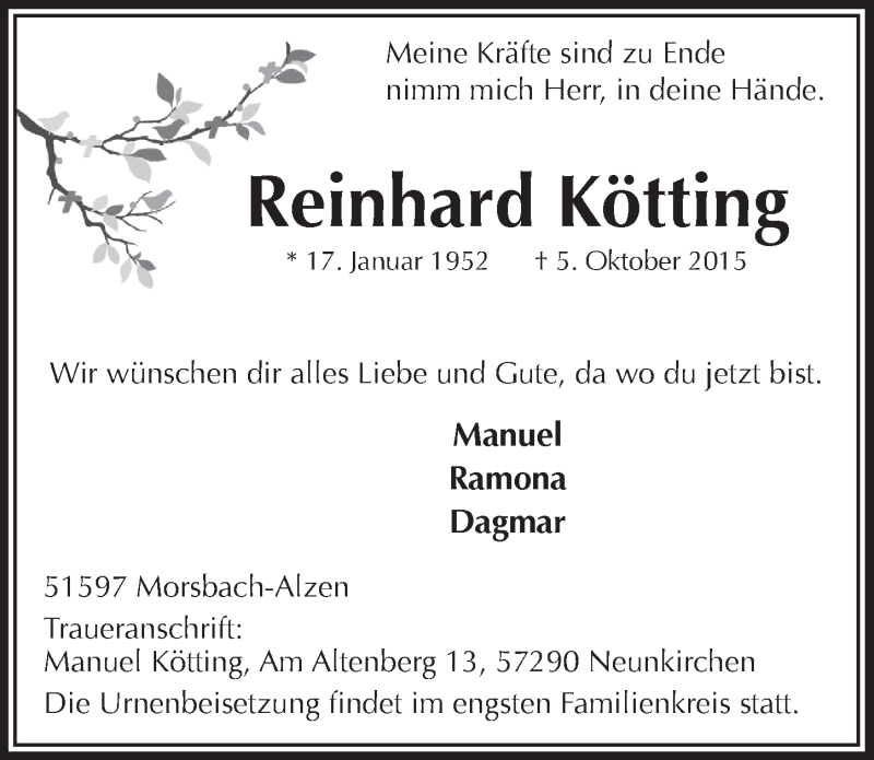 Traueranzeige für Reinhard Kötting vom 14.10.2015 aus  Lokalanzeiger 